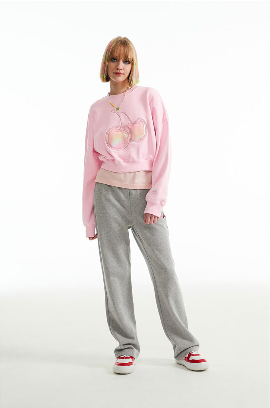 [KIRSH®] BIG CHERRY HOLOGRAM CROP SWEATSHIRT (3 color)