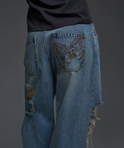 [𝐅𝐚𝐧𝐜𝐲 𝐜𝐥𝐮𝐛©] DESTROYED WIDE DENIM PANTS (2 color)