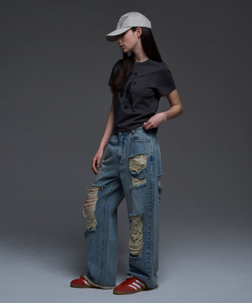 [𝐅𝐚𝐧𝐜𝐲 𝐜𝐥𝐮𝐛©] DESTROYED WIDE DENIM PANTS (2 color)