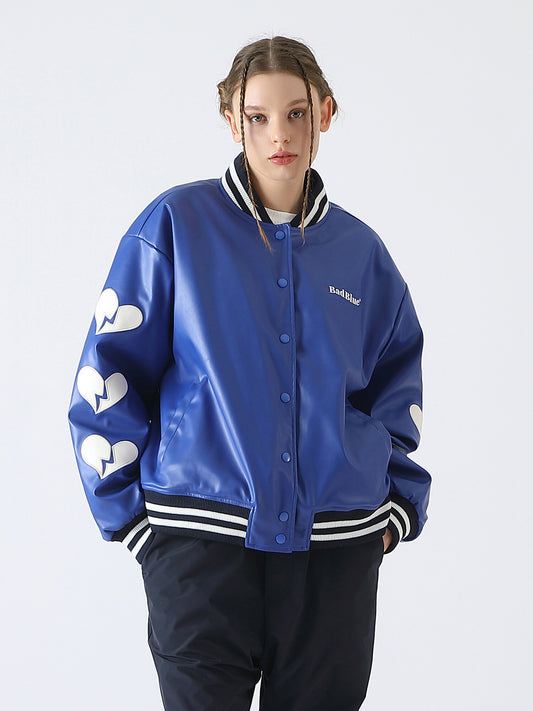 [BadBlue®]  Heart Patch Varsity Leather Jacket