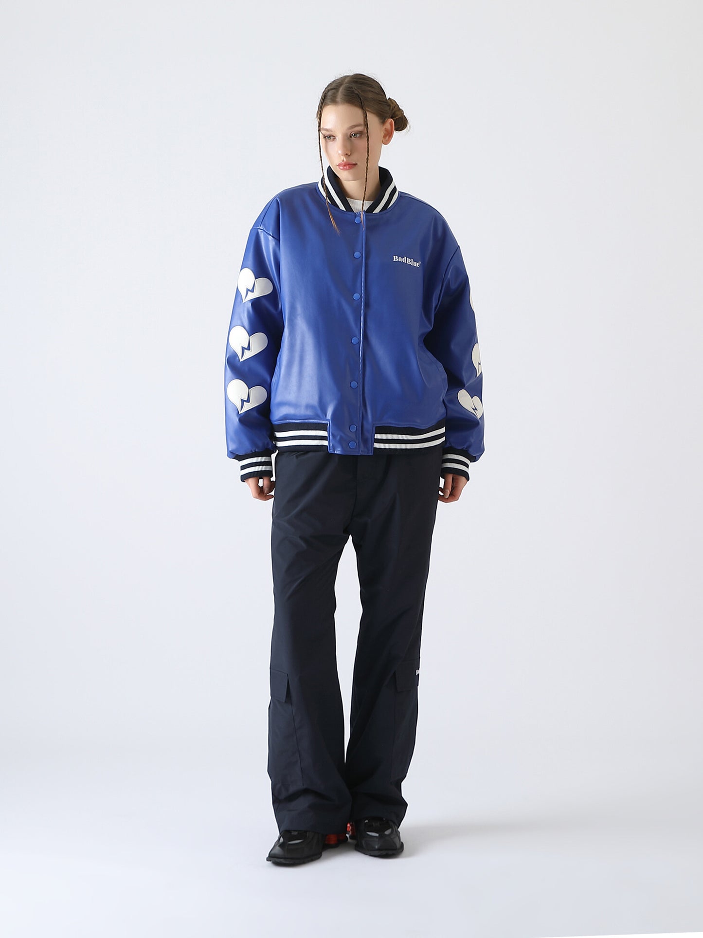 [BadBlue®]  Heart Patch Varsity Leather Jacket