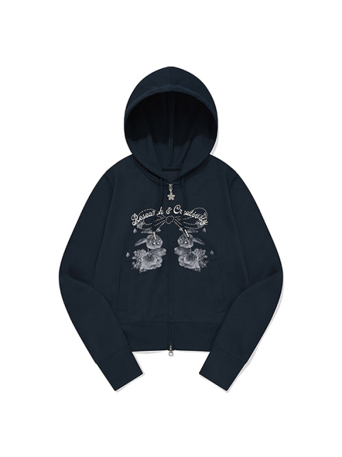 [KIRSH®] WITTY BUNNY BOUQUET GIRL CROP HOODIE ZIP UP (2 color)