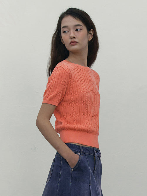 [KIRSH®] SMALL CHERRY CABLE CROP SHORT SLEEVE KNIT (3 color)