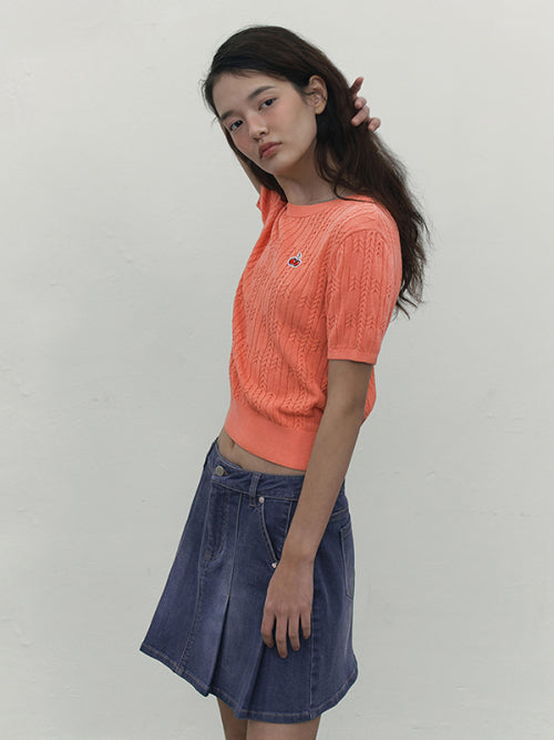 [KIRSH®] SMALL CHERRY CABLE CROP SHORT SLEEVE KNIT (3 color)